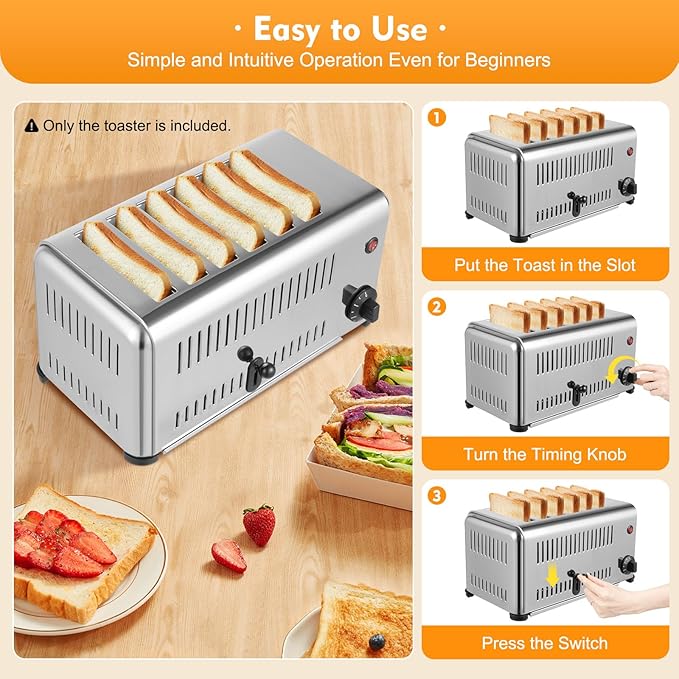 6 Slices Toaster with 5 Bread Shade Settings, Commercial Baking Machine, Wide Slot Stainless Steel Toaster 1680W 201 Stainless Steel for Various Bread Types