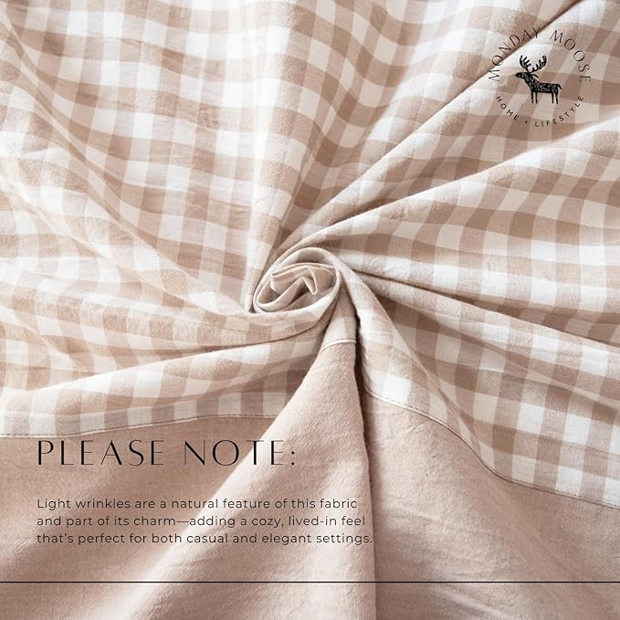 MONDAY MOOSE Gingham Checkered Farmhouse Rustic Picnic Style Decoration Rectangle Natural Stonewashed Cotton Tablecloth for Kitchen, Dining Room, Restaurant (60x102 inch, Beige)