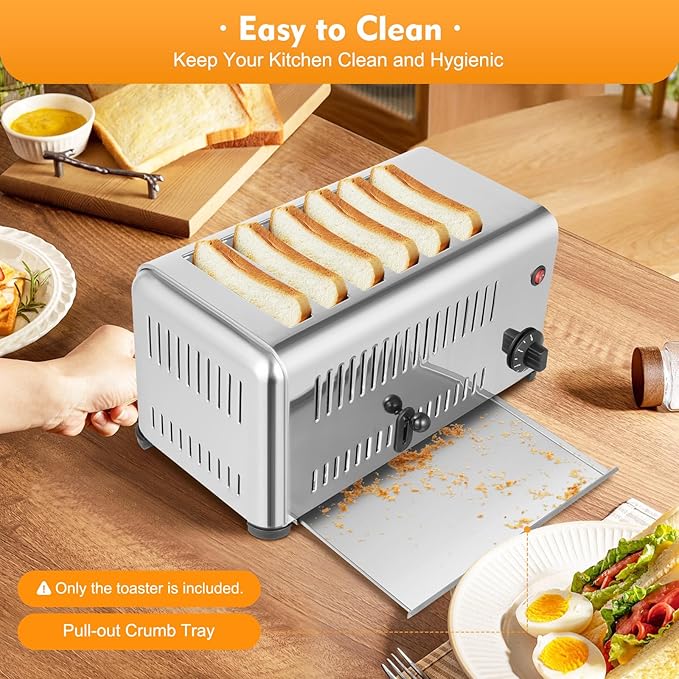 6 Slice Toaster, Wide Slot Bread Baking Machine, Commercial Stainless Steel Compat Toasters with Removable Drop-Down Crumb Tray, Electric Countertop Pop-Up Toaster for Restaurants Kitchens Households