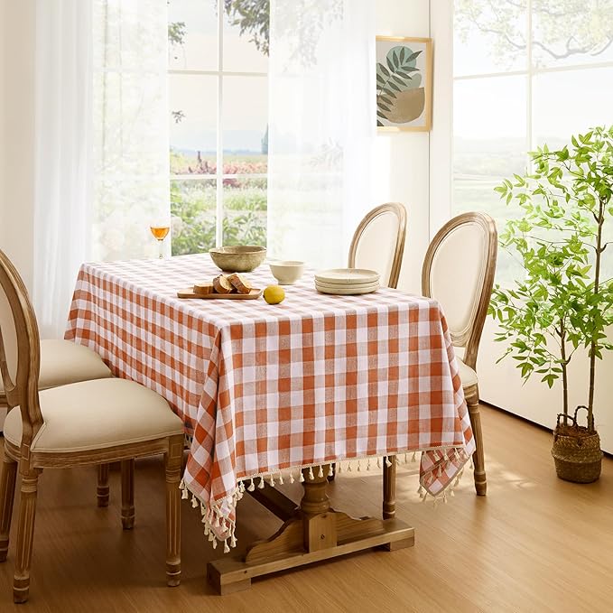 Softalker Fall Checkered Tablecloth Rectangle, Heavy Weight Linen Cotton Gingham Thanksgiving Orange Table Cloth with Tassel, Wrinkle Free Buffalo Plaid Table Cover for Dining Party- 55 x 102 Inch