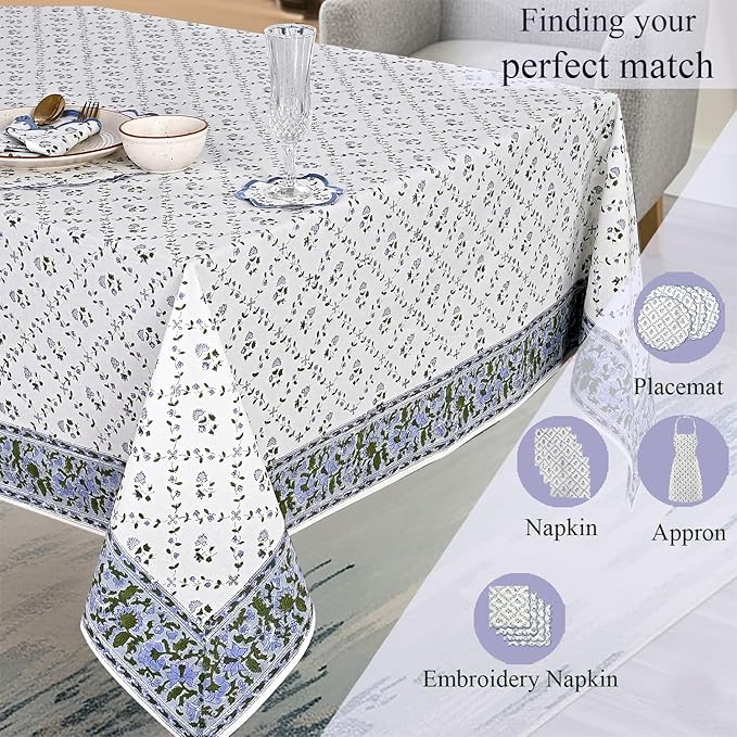 Ridhi Hand Block Print Powder Blue Rectangle Cotton Tablecloth 90" x 60" Reusable Table Cover Decorative Everyday Use for Dining, Farmhouse, Home Gift for Spring, Easter, Valentine