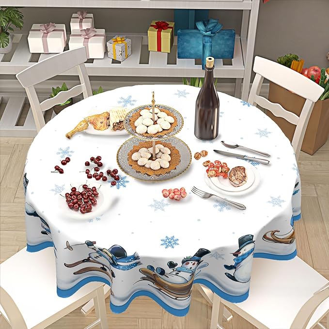 Winter Snowman Tablecloth Round 70 Inch Blue and White Christmas Snowman Snowflake Snow Circle Table Cloth Xmas Holiday Table Cover for Kitchen Dinner Home Decor