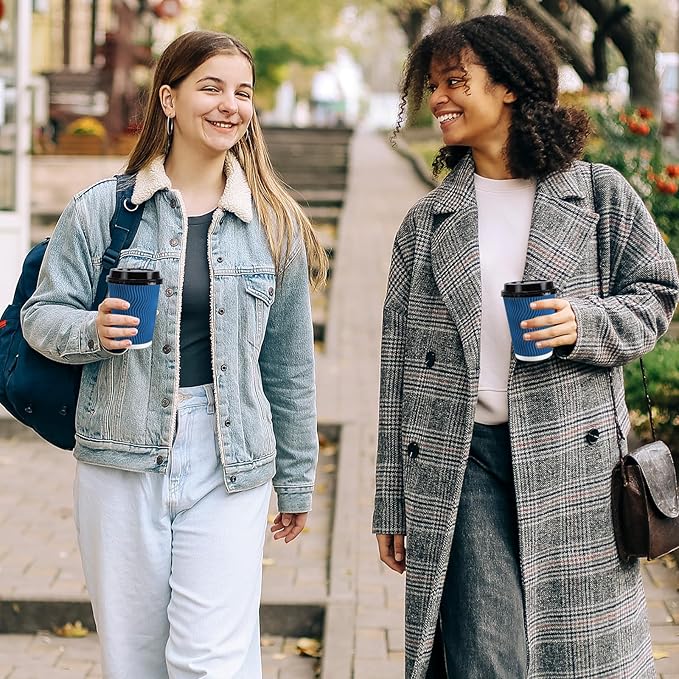 SIUQ 90 Pack 12 oz Disposable Coffee Cups with Lids and Straws, Insulated Ripple Wall To Go Paper Coffee Cups for Coffee, Hot Chocolate and Hot Tea Drinks - Navy