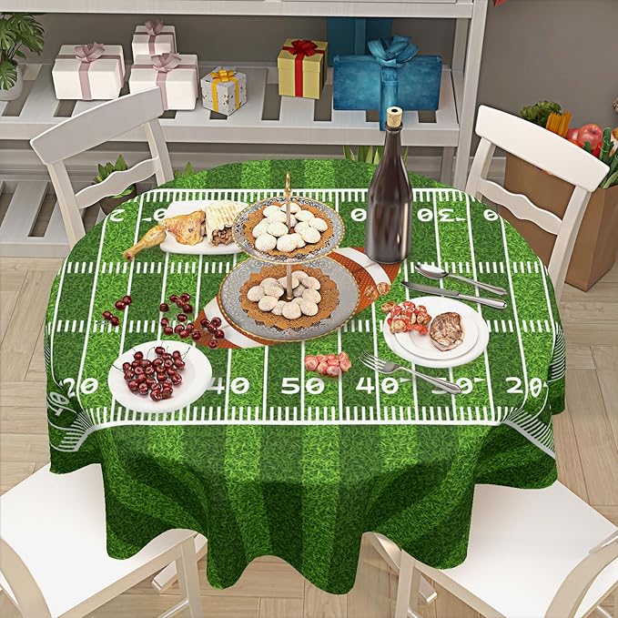 Football Round Tablecloth 70 Inch American Football Field Circle Table Cloth Rugby Ball Sport Themed Game Day Table Cover for Party Kitchen Dinner Home Decor