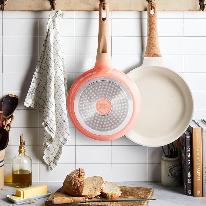 YIIFEEO Frying Pans Non stick - 3 PCS Nonstick Frying Pan Set Omelette Pans for Cooking Set, Granite Skillet Set Kitchen Induction Cookware Chef's Pan Gift, 8", 9.5" &11", Coral Pink