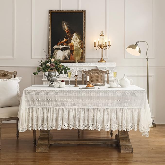 patdrea Vintage White Lace Tablecloth,Design Embroidered Cotton Ruffle Table Cloth for Rectangle Table,Elegant Rustic Fabric Decorations for Wedding Party Thanksgiving Christmas 55"*87"