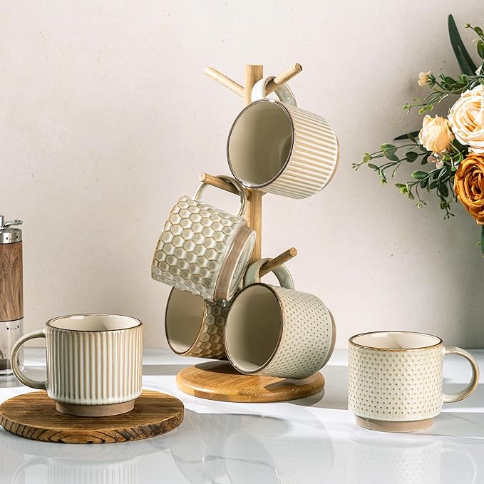 GBhome 12OZ Stackable Coffee Mugs Set of 6, Ceramic Coffee Mugs with Texture Patterns for Man,Woman,Dad,Mom, Modern Coffee Mugs Cups for Latte/Cappuccino/Cocoa. Dishwasher&Microwave Safe, Pale Khaki