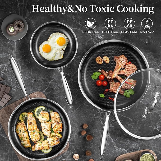 8 Inch Nonstick Frying Pan with Lid, Titanium Ceramic Tri-Ply Stainless Steel Non Stick Skillet W/Lid Small Hybrid Cooking Pan Healthy Induction Egg Frying Pan W/Stay Cool Handle, PFAS/PFOA/PTFE Free