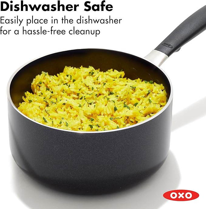 OXO 1.6QT Non-Stick Every Day Sauce Pan with Glass Lid, BPA-Free Comfort Grip Silicone Handle, Dishwasher & Oven Safe, PFAS-Free Ceramic Skillets, Sauce & Soup Chef Pot, Drip-Free, Black