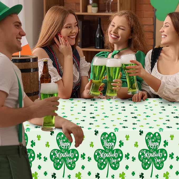 QZYL 2 Pcs St Patricks Day Decorations, 108" X 54" Shamrock Decorations, Plastic Happy St. Patrick's Day Tablecloth, Shamrock Tablecovers, Disposable Rectangle Irish Green Table Cloth for Lucky Party