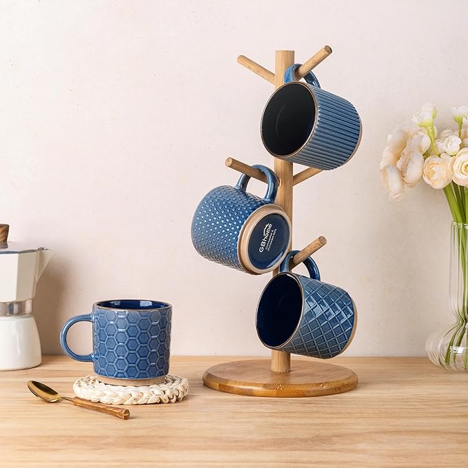 GBhome 8OZ Stackable Coffee Mugs, Ceramic Coffee Mugs with Texture Patterns for Man,Woman,Dad,Mom, Modern Coffee Cups Set of 4 for Espresso/Cappuccino/Cocoa. Dishwasher&Microwave Safe, Moonlight Blue