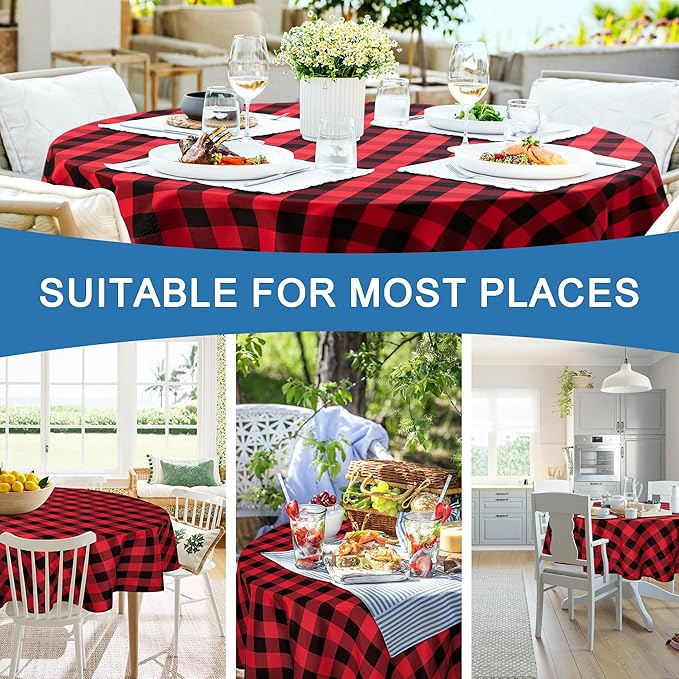 Hiasan Checkered Round Tablecloth 60 Inch - Waterproof Stain and Wrinkle Resistant Washable Fabric Table Cloth for Christmas, Dining Room Party Outdoor Picnic, Black and Red