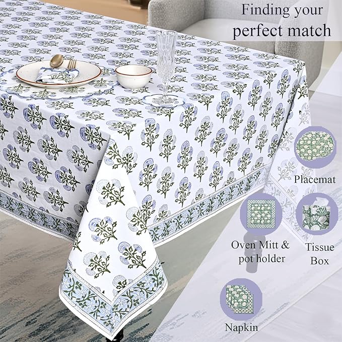 Ridhi Hand Block Print Mughal Buta Blue Rectangle Cotton Tablecloth 120" x 80" Reusable Table Cover Decorative Everyday Use for Dining, Farmhouse, Home Gift for Spring, Easter, Valentine
