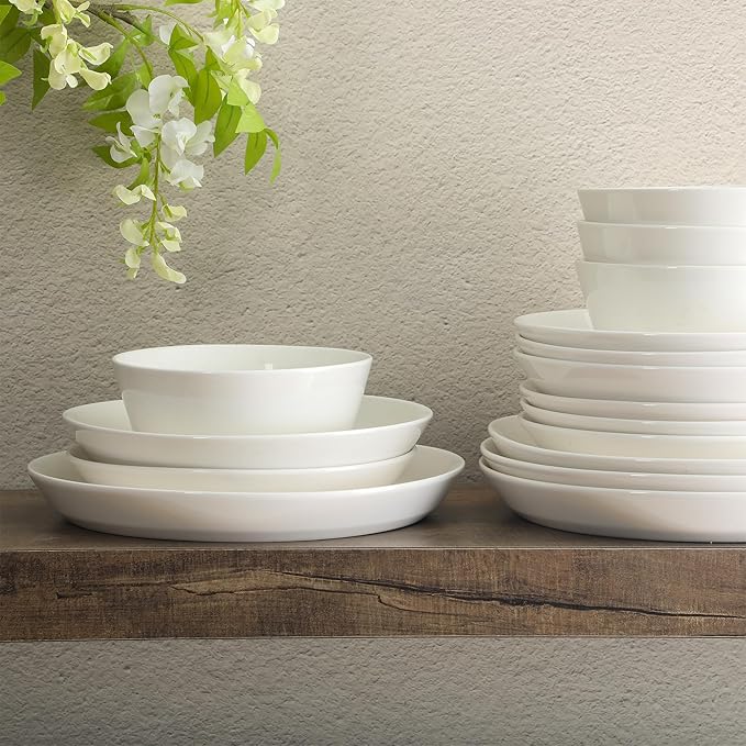 Gibson Home Summer Shades 16 Piece Plates and Bowls Dishes Service for 4 Porcelain Dinnerware Set - White