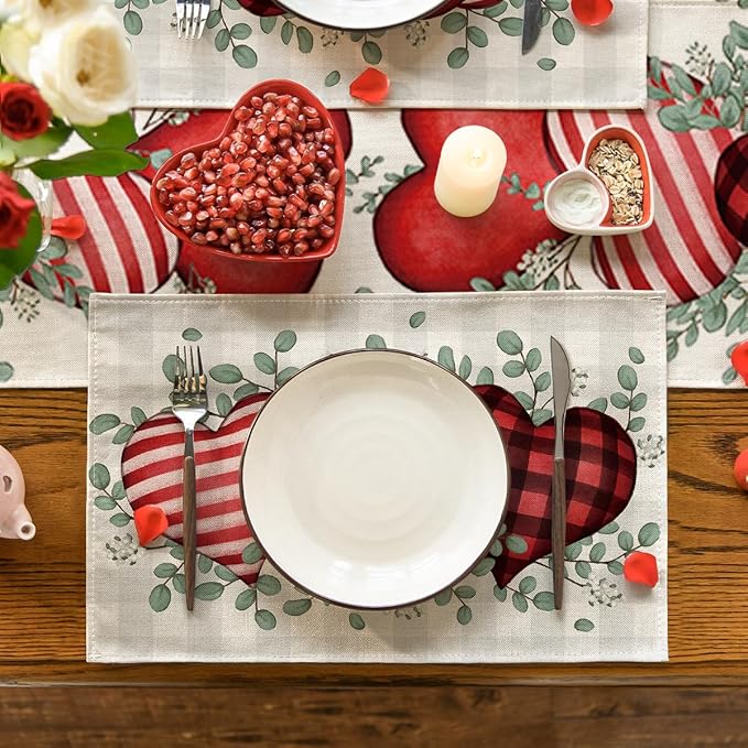 Artoid Mode Buffalo Plaid Eucalyptus Hearts Valentine Placemats Set of 2, 12x18 Inch Anniversary Wedding Table Mats for Party Kitchen Dining