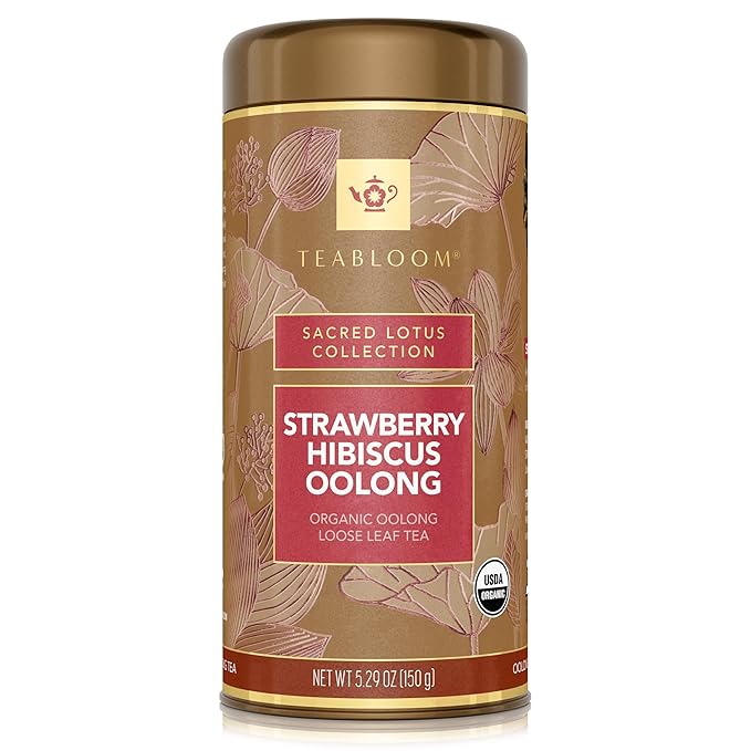 Teabloom Organic Oolong Tea, Strawberry Hibiscus Loose Leaf Tea, USDA Certified Organic, Fresh Whole Leaf Blend in Reusable Gift Canister, 5.29 oz/155 g Canister Makes 35-50 Cups
