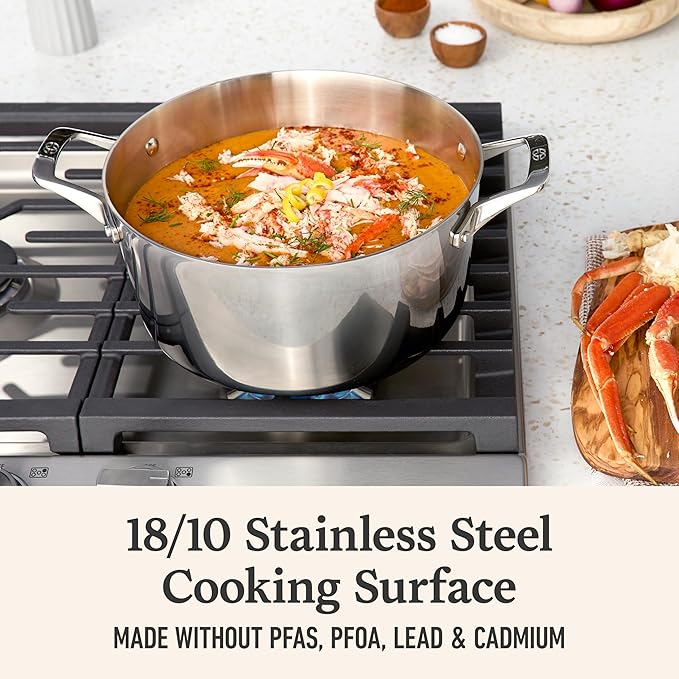 Calphalon Premier Polished 5-Ply Stainless Steel Cookware Set w/Turbo Heat Tech 12 Piece Includes Frying Pans, Pots and Pans Set, Induction, Oven Safe 500F, Silver