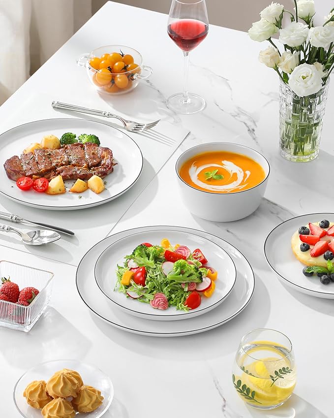 MALACASA 24 Pieces Gourmet Porcelain Dinnerware Sets, Premium Plates and Bowls Set, High-Fired Dishes Set for 6, Chip & Scratch Resistant, Microwave Dishwasher Safe, White & Black Rim, Series LEXI