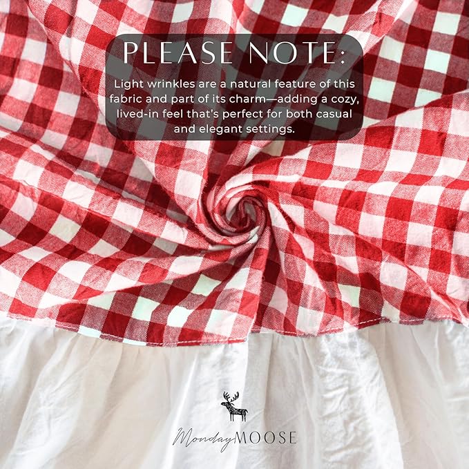 MONDAY MOOSE Gingham Checkered Farmhouse Rustic Ruffle Style Decoration Round Natural Stonewashed Cotton Tablecloth for Kitchen, Dining Room, Restaurant (60" Round, Red/White)