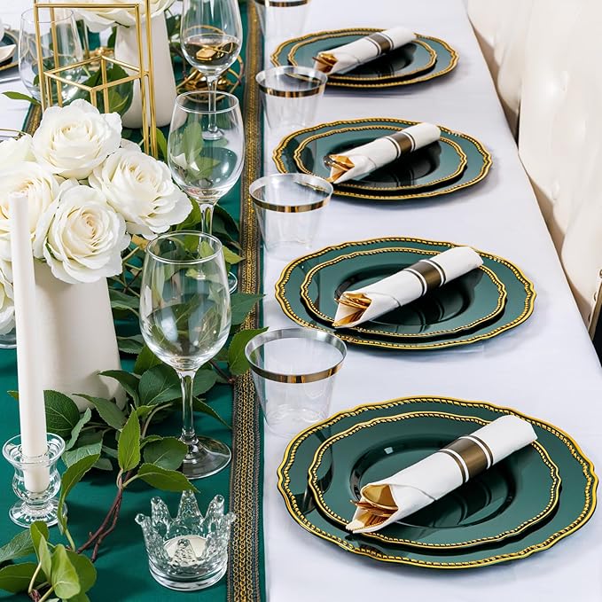 Hioasis 175pcs Green Gold Plastic Plates - Gold Plastic Dinnerware Set Includes 25 Dinner Plates, 25 Dessert Plates, 25 Gold Utensils, 25 Napkins Perfect for Wedding & St. Patrick's Day
