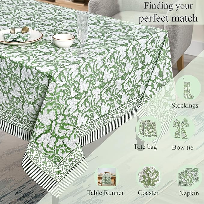 Ridhi Hand Block Print Sage Green Rectangle Cotton Tablecloth 120" x 60" Reusable Table Cover Decorative Everyday Use for Dining, Farmhouse, Home Gift for Spring, Easter, Valentine