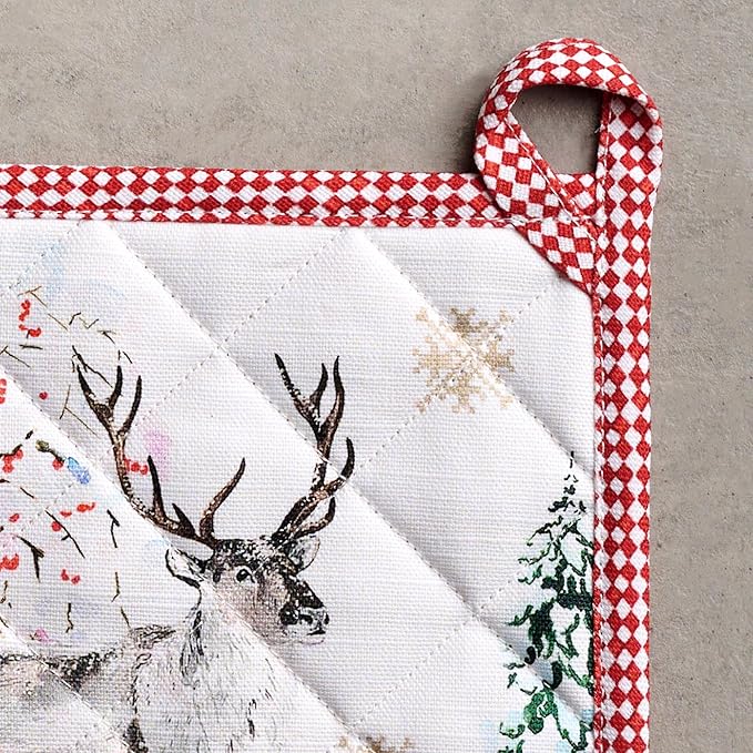 Maison d' Hermine Pot Holders Set 100% Cotton Heat Resistant Potholders 8" x 8" Hot Pads with Loop for Thanksgiving Christmas Decorations BBQ Baking Handling Hot Pans (Pack of 2, Rural Christmas)