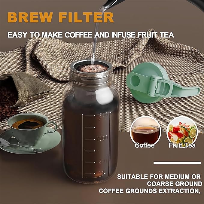 Cold Brew Coffee Maker Pitcher, 32 oz Thick Glass Mason Jar Spout Lid with Handle & Stainless Steel Filter for Iced Brew Coffee, Ice Lemonade, Sun Tea, Fruit Drinks Container
