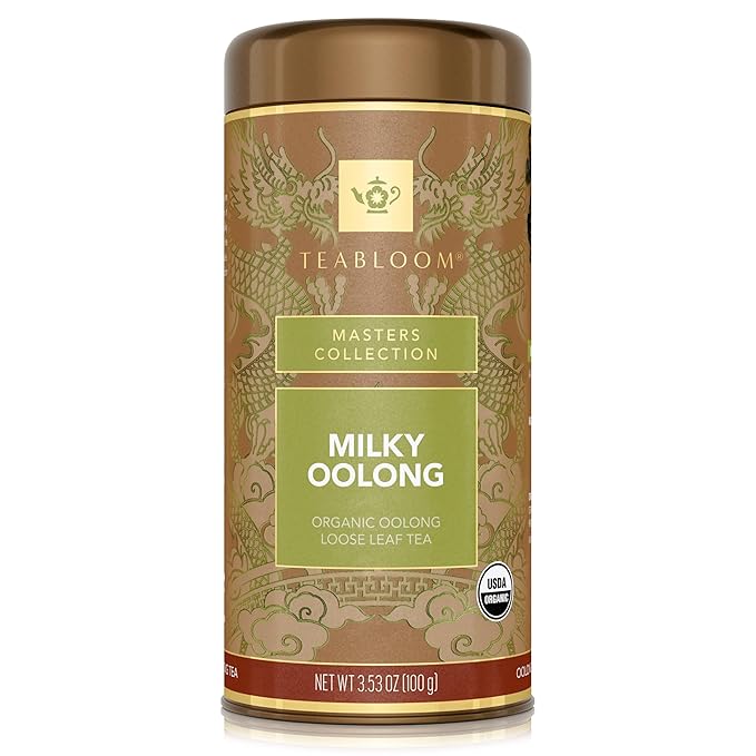 Teabloom Organic Oolong Tea, Milky Oolong Loose Leaf Tea, Rolled Leaves Famous for its Milky Taste and Silky Texture, 3.53 oz/100 g Canister Makes 35-50 Cups