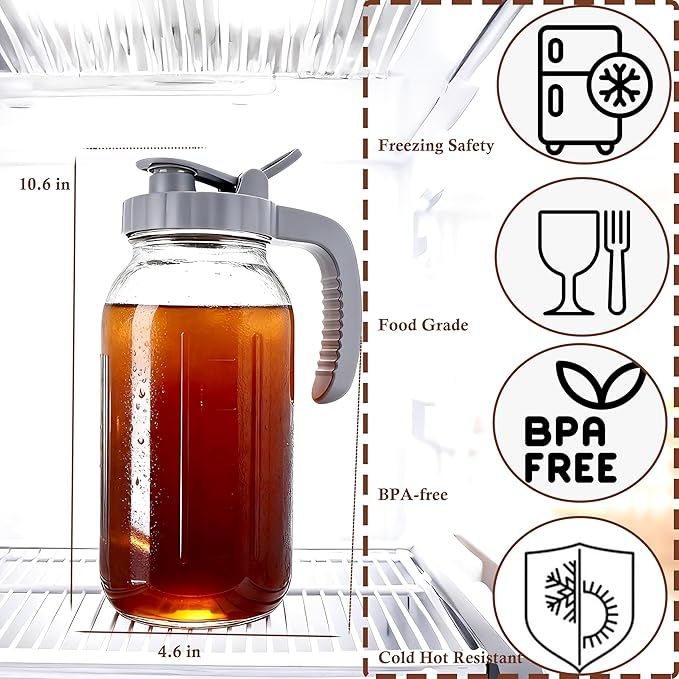 64 OZ Cold Brew Coffee Maker 2 Quart Mason Jar Glass Iced Tea Pitcher With Stainless Steel Filter Half Gallon Pitcher With Spout Lid For Iced Coffee,Tea & Lemonade,Sun Tea Airtight & Leak-Proof