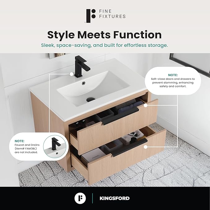 Fine Fixtures Kingsford Modern 30 Inch Bathroom Vanity with Sink, White Oak Finish, Elegant Bathroom Vanities for Modern Homes, Stylish Storage Solutions for Bathrooms