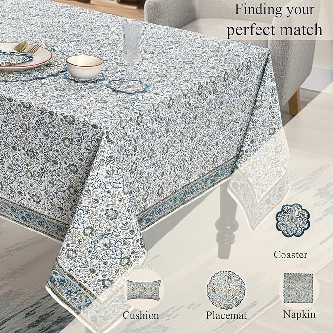 Ridhi Hand Block Print Indigo Rectangle Cotton Tablecloth 90" x 60" Reusable Table Cover Decorative Everyday Use for Dining, Farmhouse, Home Gift for Spring, Easter, Valentine