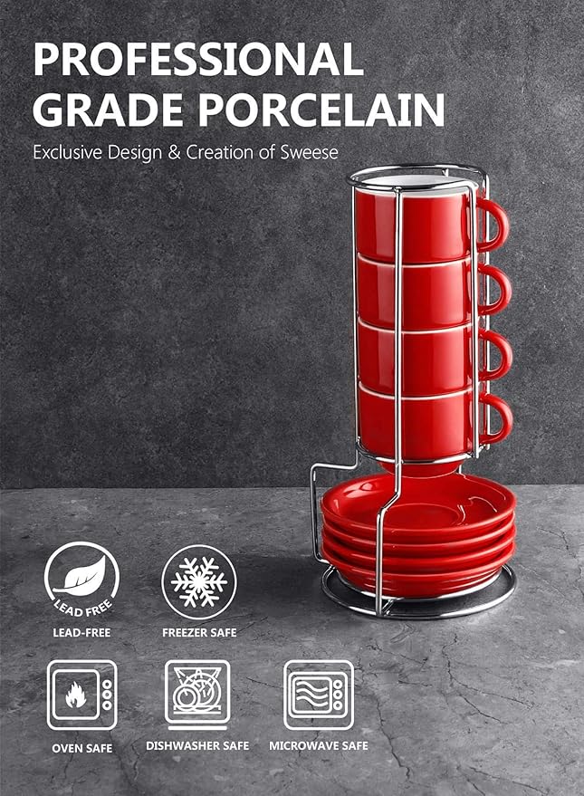 Sweese 4 Ounce Porcelain Stackable Espresso Cups with Saucers and Metal Stand Set of 4, Red