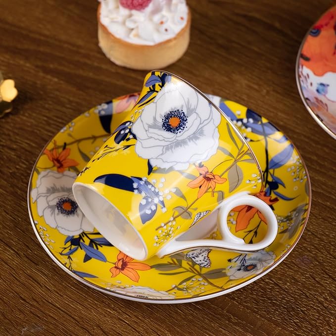 KAMMAK Tea Cups and Saucers Set of 2, Reinforced Porcelain Coffee Cups, 5.7-Ounce Stackable Espresso Mugs, Ceramic Demitasse for Coffee, Cappuccino, Latte, Americano, Tea, Coral + Bee Flower