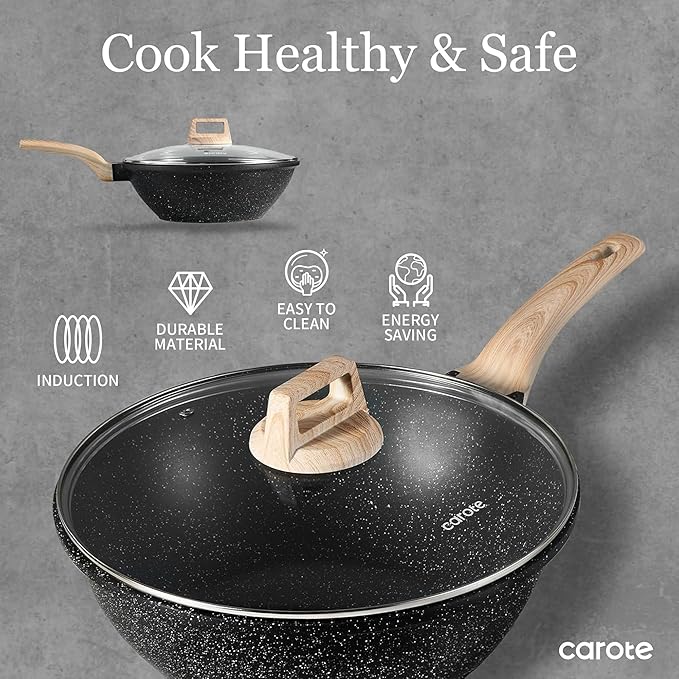 CAROTE Non Stick Wok with Lid 12''/5.3QT Woks & Stir-fry Pans Nonstick Granite Wok Pan Induction Cookware Deep Frying Pan, Compatible with All Stovetops