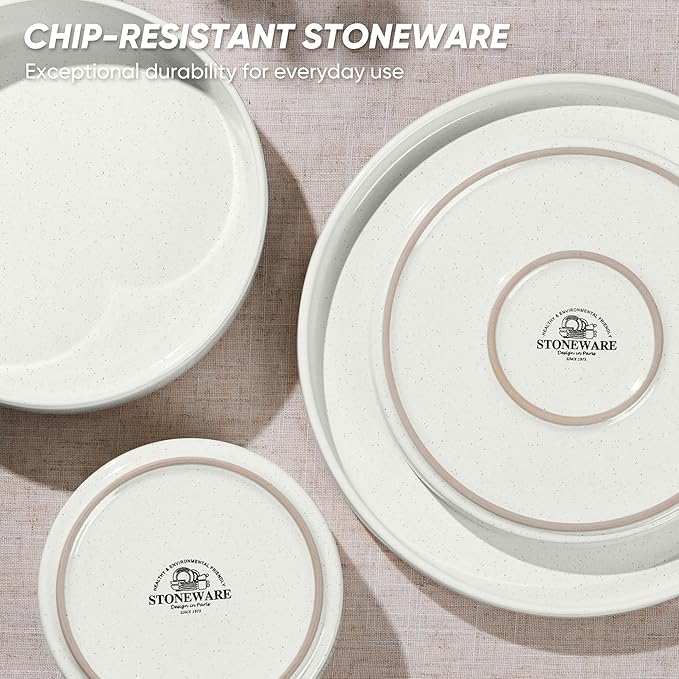 E-far 16-Piece Plates and Bowls Sets - Stoneware Dinnerware Sets with Pasta Bowls for 4 | Microwave & Dishwasher Safe Kitchen Modern Dish Set, Speckled White