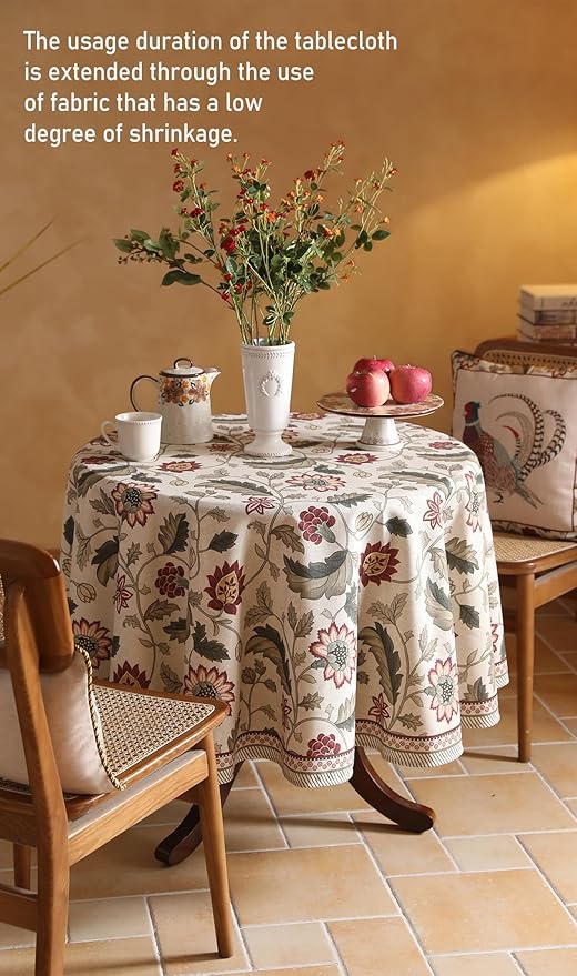 ISAENNE Designer Provence Floral Round Tablecloth,Linen Colorful Washable Indoor Table Cloth,Durable Home Decor Tablecloths for Dining Thanksgiving Kitchen Christmas,Diameter 67"-Ratina