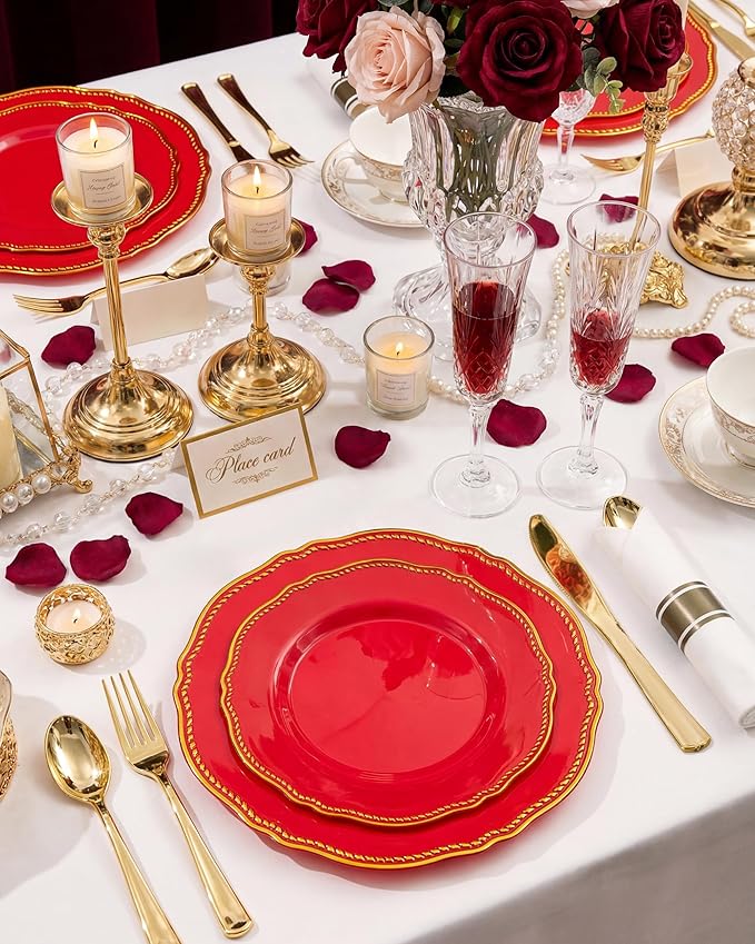 Hioasis 175pcs Red Gold Plastic Plates - Red Plastic Dinnerware Set Includes 25 Dinner Plates, 25 Dessert Dinnerware, 25 Cups, 25 Pre-rolled Napkins Perfect for Wedding & Party