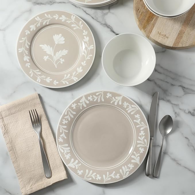 Martha Stewart Maiden Crown 12-Piece Taupe Dinnerware Set – New Bone China Ceramic Plates & Bowls – Floral Design – Service for 4 – Dishwasher & Microwave Safe