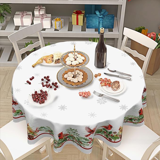 Christmas Round Tablecloth 60 Inch Winter Holiday Red Bird Holly Leaf Circle Table Cloth Xmas Snowflake Theme Table Cover for Kitchen Dinner Home Decor