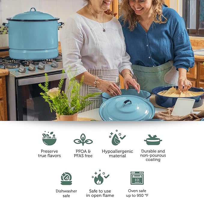Cinsa 6-Piece Enameled Steel Cookware Set with Steamer, Dutch Oven, and Multi-Use Dish, Turquoise Blue