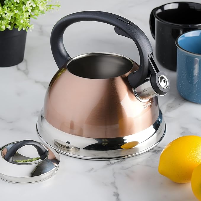 Mr. Coffee Flintshire 1.75-Quart Stainless Steel Whistling Tea Kettle with Nylon Handle – Copper Finish Stove-Top Kettle for Boiling Water