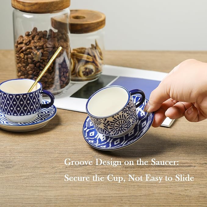 Selamica Ceramic Espresso Cups with Saucers and Metal Stand, 2.5 OZ Stackable Demitasse Cups for Espresso Latte Café Mocha Tea, Set of 4, Vintage Blue