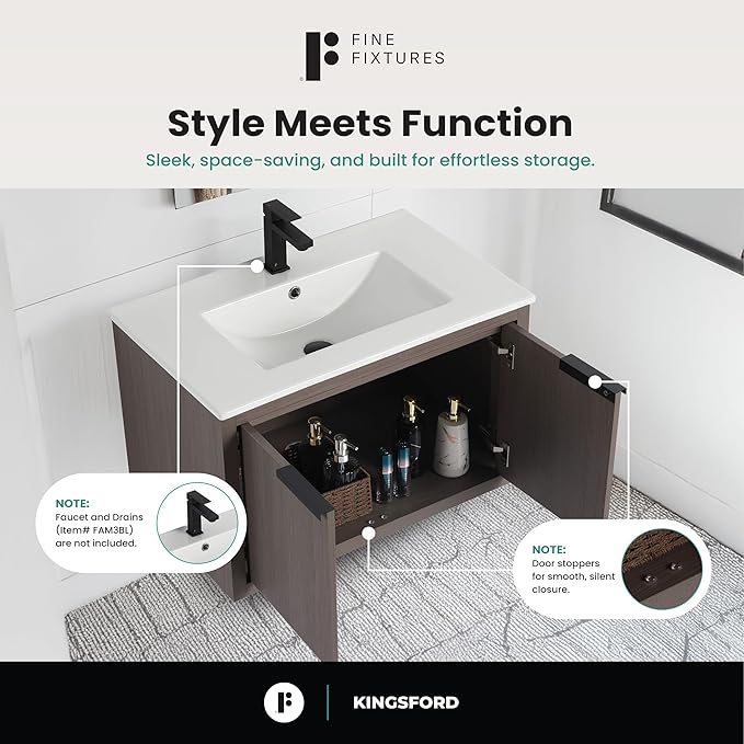Fine Fixtures Kingsford Modern 24 Inch Bathroom Vanity with Sink, Gray Oak Finish, Elegant Bathroom Vanities for Modern Homes, Stylish Storage Solutions for Bathrooms