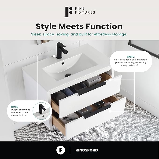 Fine Fixtures Kingsford Modern 30 Inch Bathroom Vanity with Sink, White Finish, Elegant Bathroom Vanities for Modern Homes, Stylish Storage Solutions for Bathrooms
