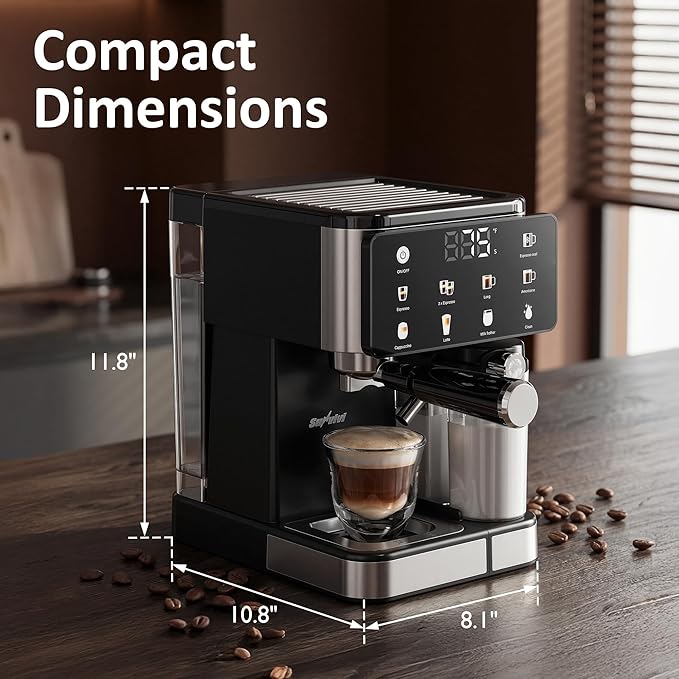 SUNVIVI Espresso Machine with Cold Brew, All-in-one Iced Coffee Maker with Automatic Milk Frother, LED Touchscreen, 51OZ Water Tank, Pressure Coffee Machine for Latte, Cappucinno, Self-clean, Black