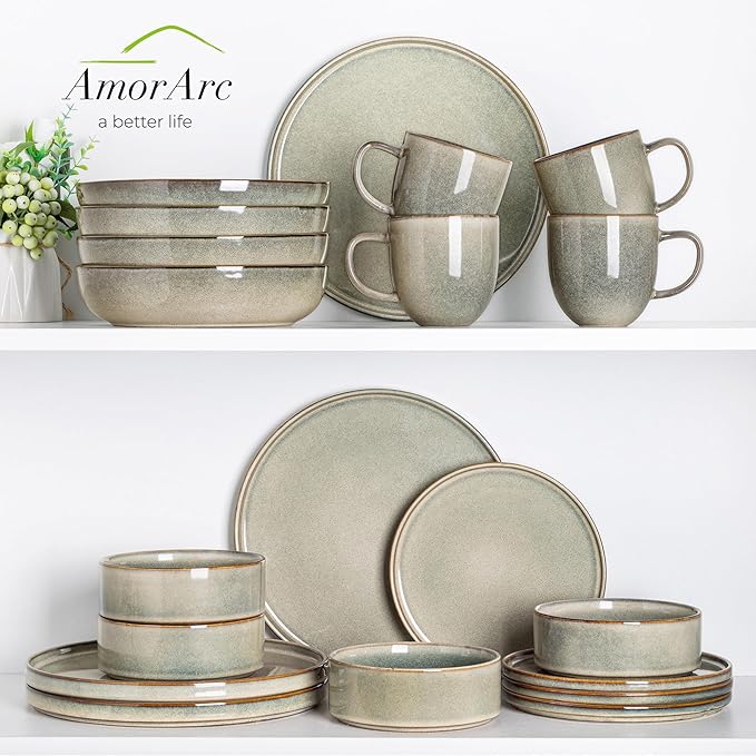 AmorArc Ceramic Dinnerware Sets, Handmade Reactive Glaze Stoneware Plates and Bowls Sets,Highly Chip and Crack Resistant | Dishwasher & Microwave Safe Dishes Set, Service for 6 (18pc)