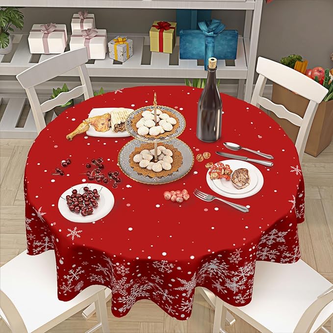 Red Christmas Snowflake Tablecloth Round 70 Inch Xmas Holiday Theme Circle Table Cloth Winter Decorative Table Cover for Kitchen Dinner Home Decor