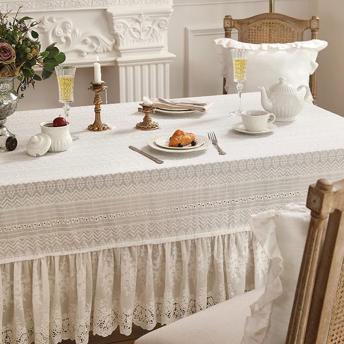 patdrea Vintage White Lace Tablecloth,Design Embroidered Cotton Ruffle Table Cloth for Rectangle Table,Elegant Rustic Fabric Decorations for Wedding Party Thanksgiving Christmas 67"*118"