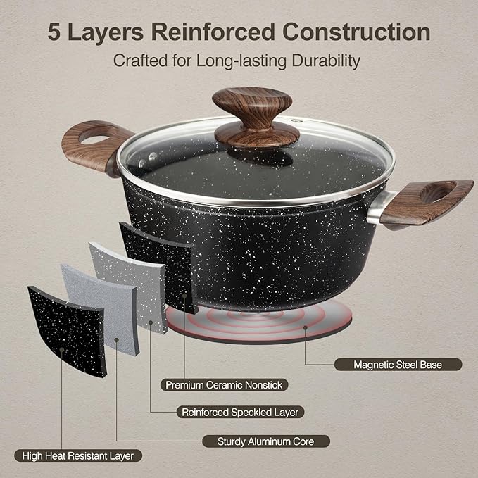Pots and Pans Set Non Stick, 12pcs Black Ceramic Cookware Set, Non-toxic Induction Cookware Kitchen Cooking Set, PFAS and PFOA Free
