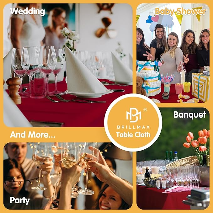 BRILLMAX 8 Pack Burgundy Tablecloths 60 x 102 Inch for 6ft Rectangle Tables - 150 GSM Polyester Fabric, 15" Standard Drop, Water, Stain & Wrinkle Resistant Cloth Cover for Wedding Dining Buffet